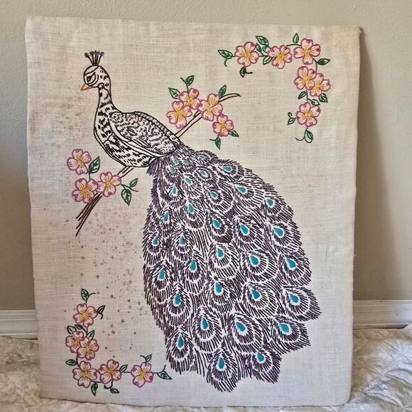 Hand Embroidered Peacock Art Hand Made . Home Decor Vintage - Picture 3 of 9